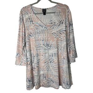 Clara Sun Woo 3/4 Sleeve Tunic Top Size 1X Pink Navy White Palm Leaf Lagenlook